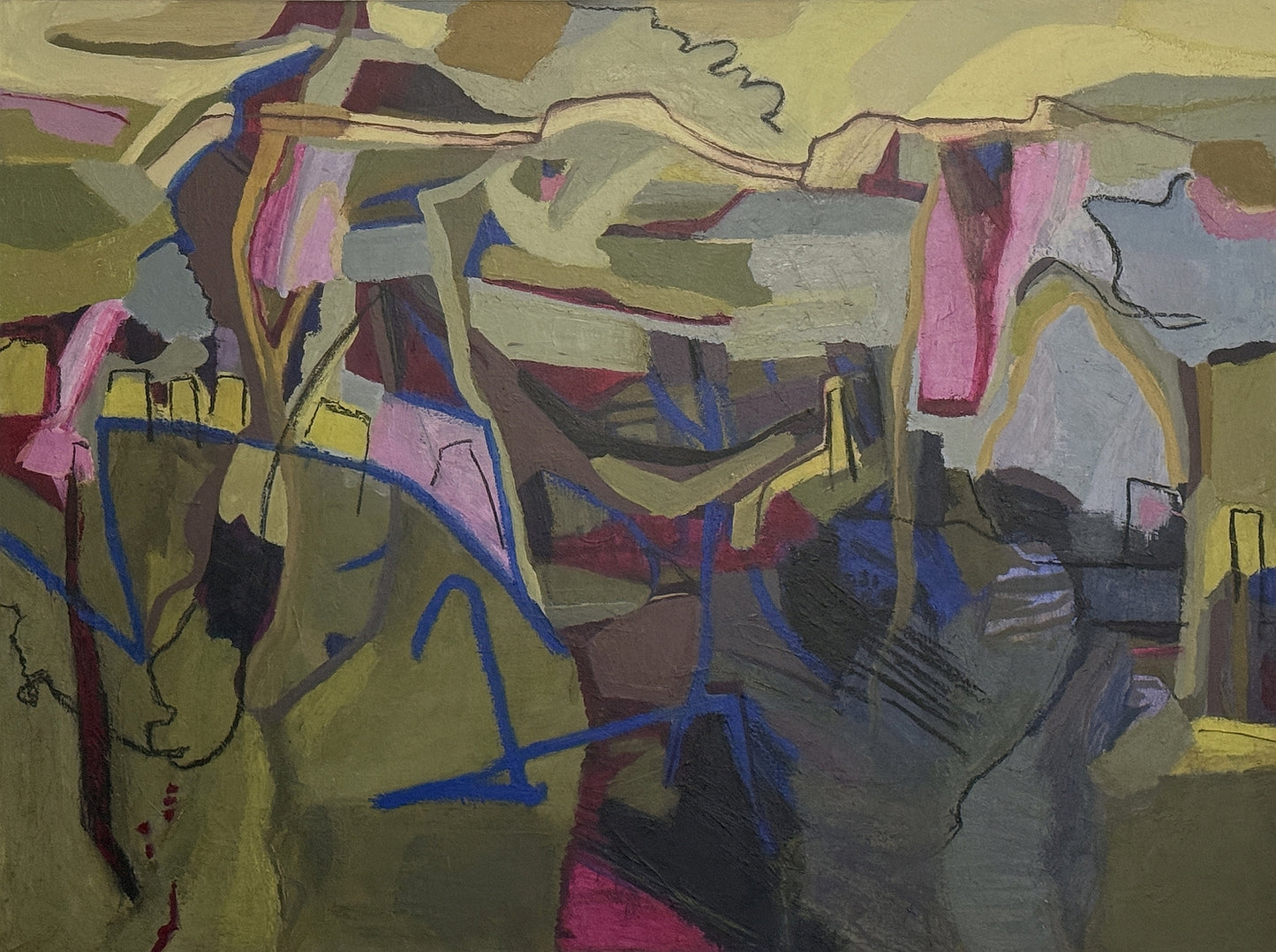 Abstract green sage pink oil painting inspired by nature landscape with colorful shapes and lines on stretched canvas