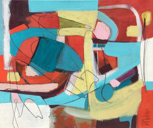 Image of red, yellow, white, and aqua abstract painting on canvas created by artist danielle nelisse