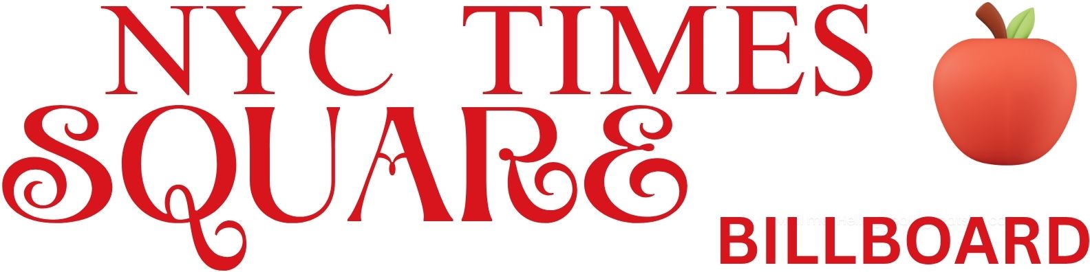 Text NYC TIMES SQUARE billboard red on white background with apple graphic
