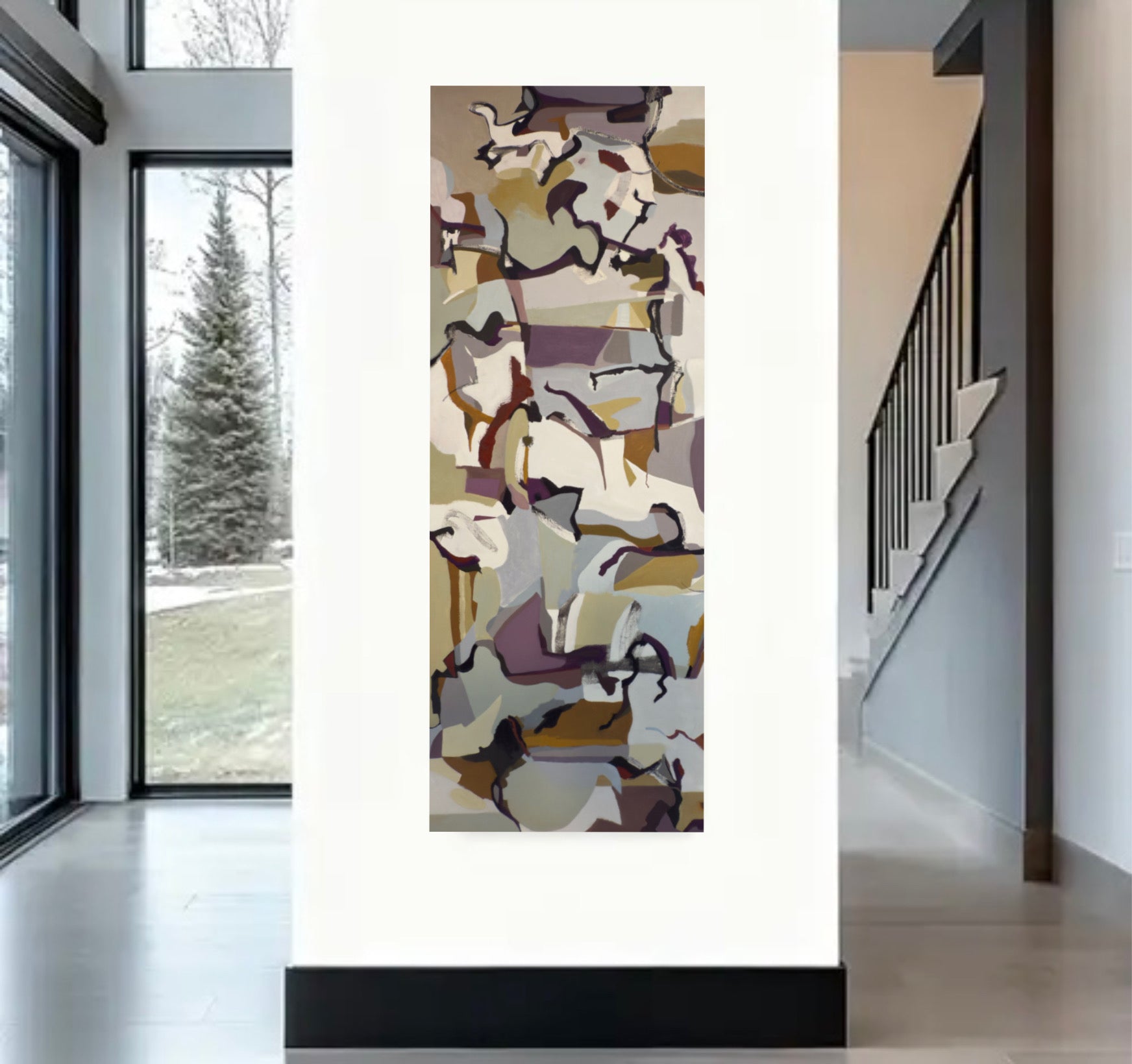 Abstract art oil painting in white, ochre, violet, sky blue and pale sage green installed vertically on a white wall in a modern interior setting with large windows.