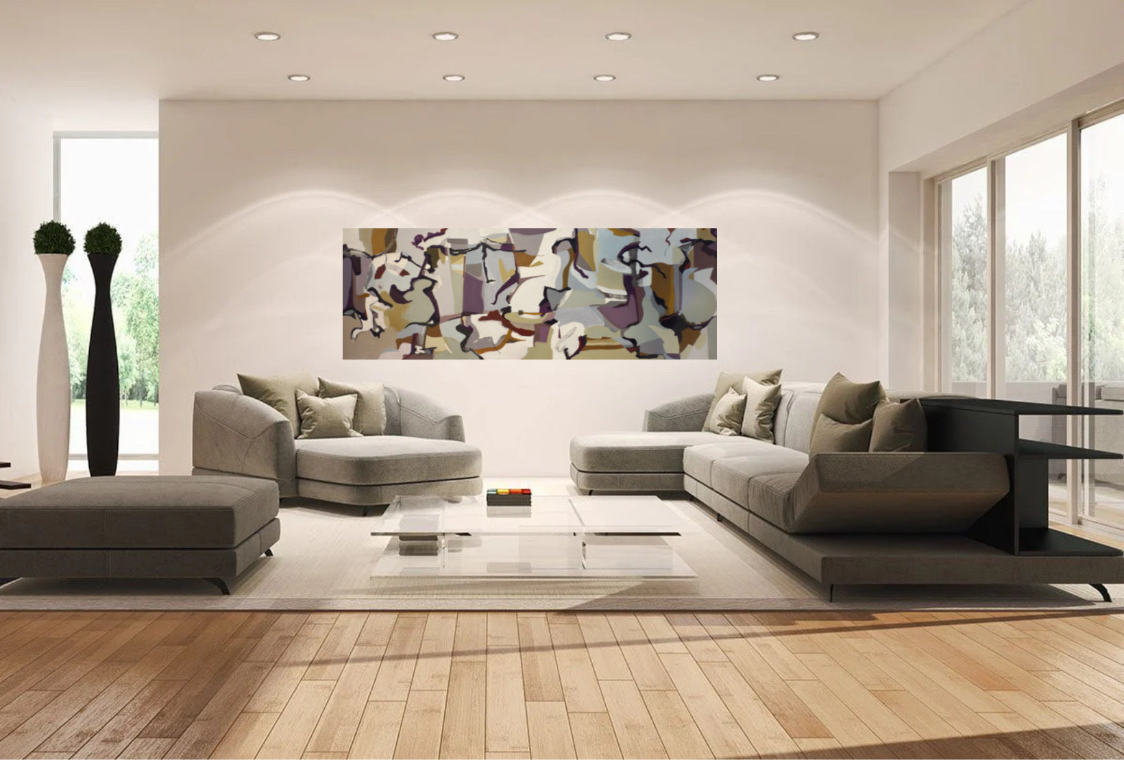 Modern living room with elevated luxury design, with gray sofa, coffee table, and abstract oil painting with sophisticated composition of white, arctic blue, manganese violet and pale sage green on wall installed horizontally above sofa.