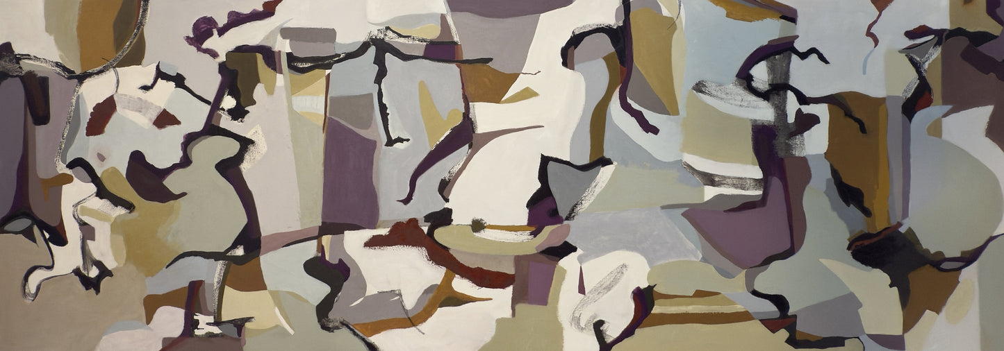 Long narrow abstract oil painting by Danielle Nelisse is a sophisticated composition of white, arctic blue, manganese violet, chestnut, and pale sage green wired to hang either vertically or horizontally.