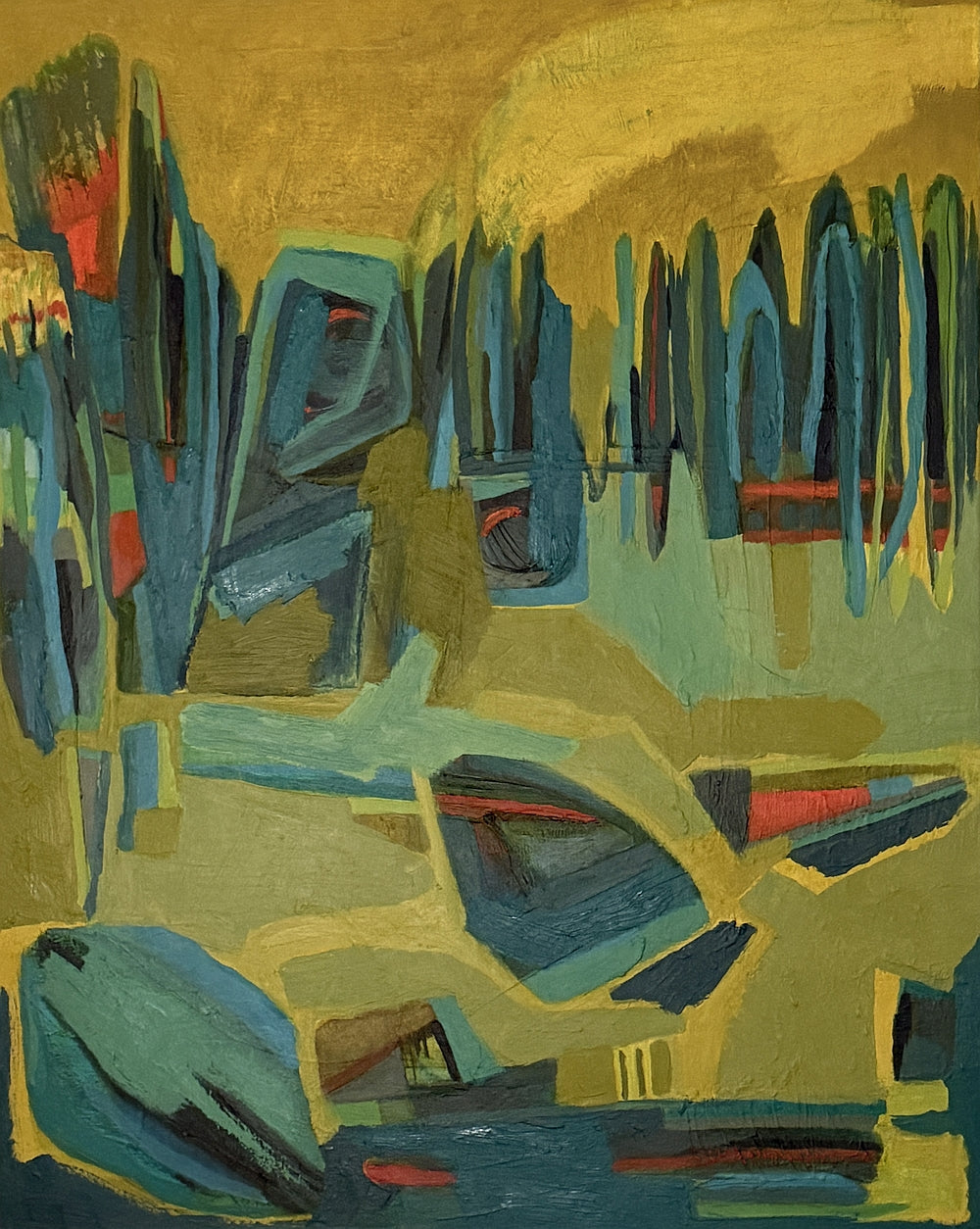 Original abstract painting on canvas for sale with geometric shapes in blue, teal, olive green, umber, and red on a gold background.