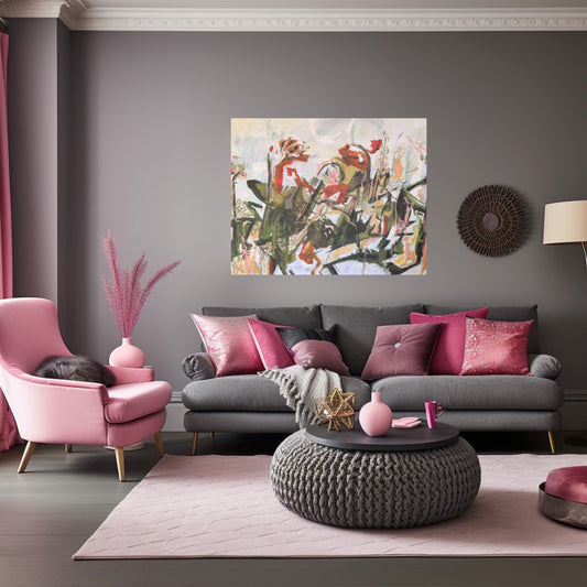 Living room with gray sofa, pink armchair, and white, coral, and green abstract jungle painting on gray wall.