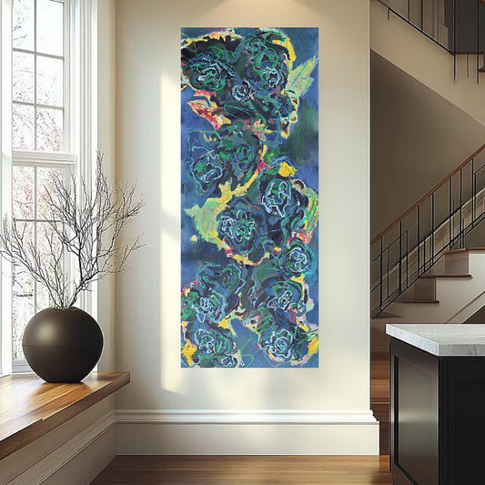 long narrow blue floral original oil painting installed vertically in modern contemporary hallway next to window seat and staircase