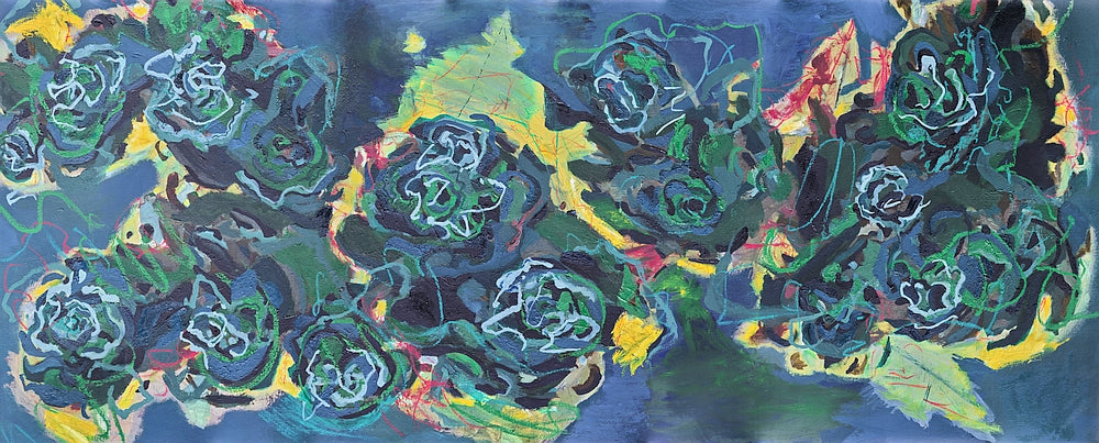 blue floral abstract painting inspired by nature oil on canvas created by artist danielle nelisse long narrow blue floral original painting for sale that will fit in narrow hallway
