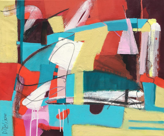 Image of bold red, white, pink, aqua and yellow abstract oil painting on canvas created by artist danielle nelisse.