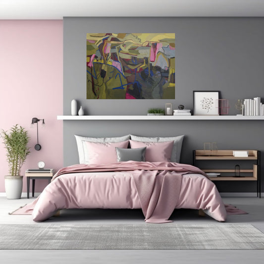 Green nature painting on gray wall in modern bedroom with pink bedding, abstract painting, and shelves.
