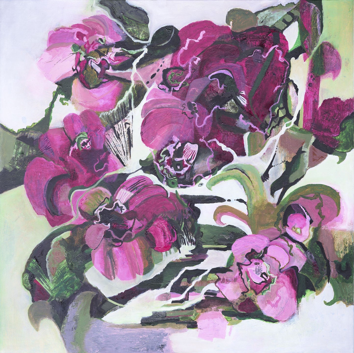 Magenta abstract floral painting made for room with light sage walls and darker sage curtains.