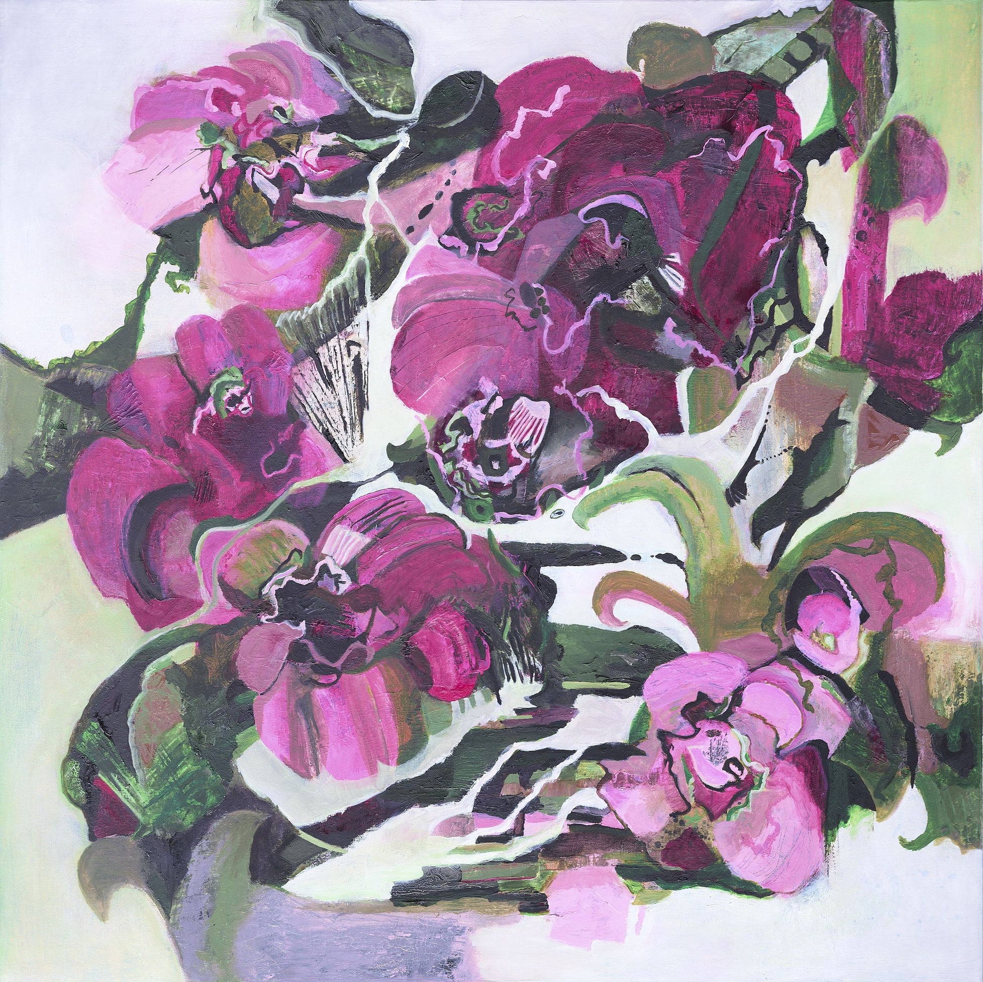 Magenta abstract floral painting made for room with light sage walls and darker sage curtains.