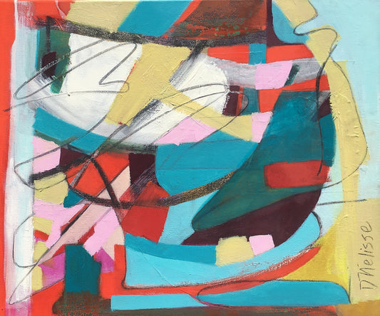 Red, aqua, white, and yellow abstract original oil painting on canvas with charcoal lines created by artist danielle nelisse