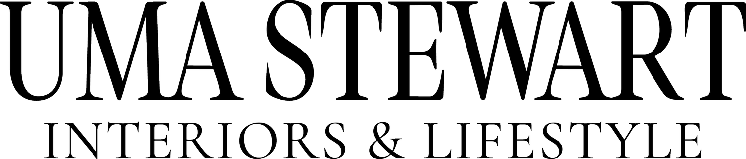 Text 'UMA STEWART INTERIORS & LIFESTYLE' in black on a white background