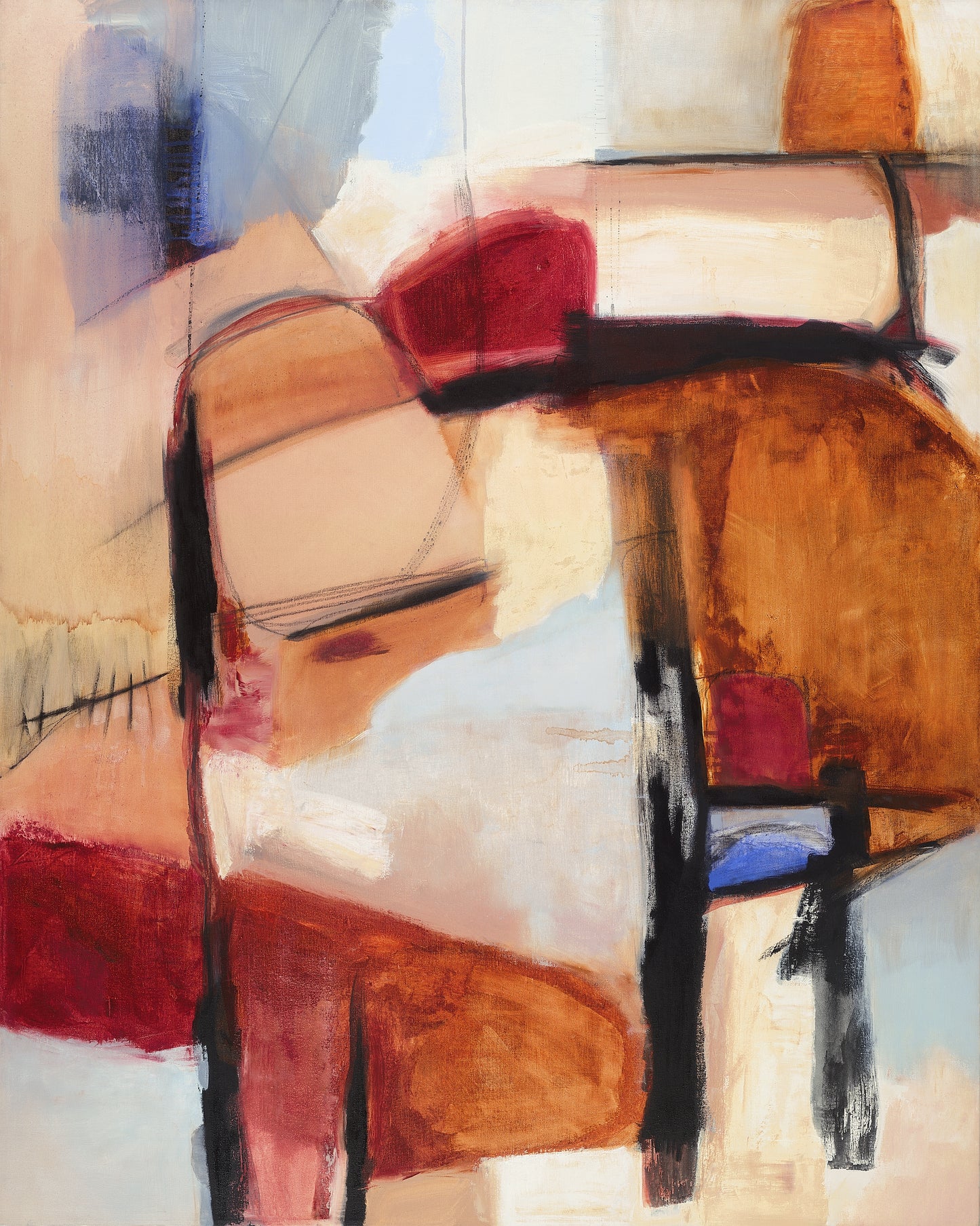 rust light blue white abstract painting on canvas created by artist danielle nelisse
