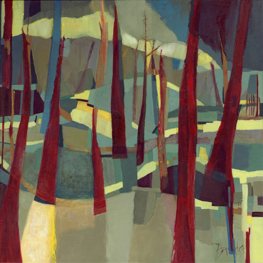 Image of oil painting featuring maroon abstract trees on background of green, teal and yellow landscape created by artist danielle nelisse