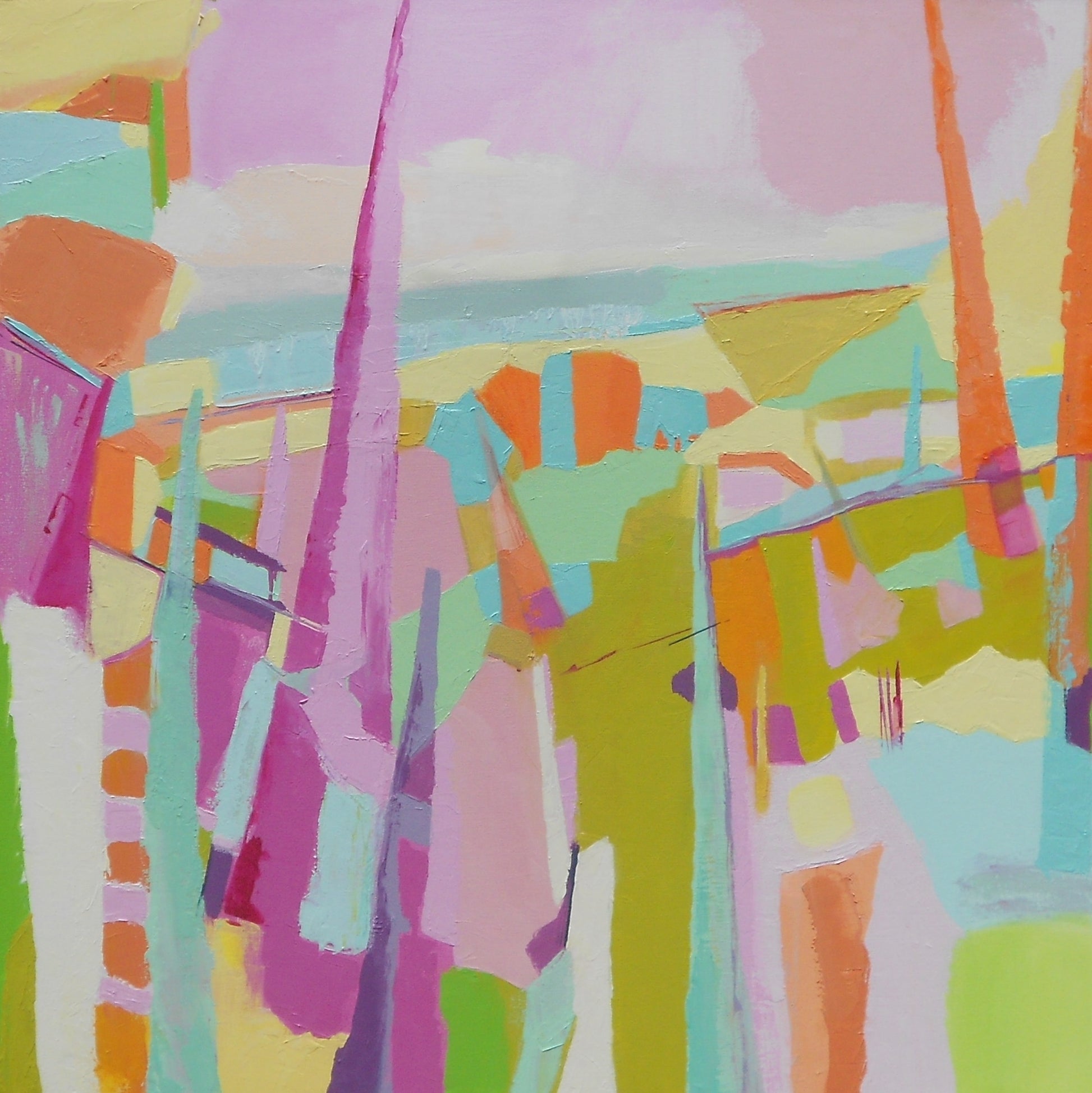 Pink and coral and sage and white abstract painting on canvas created by artist danielle nelisse.